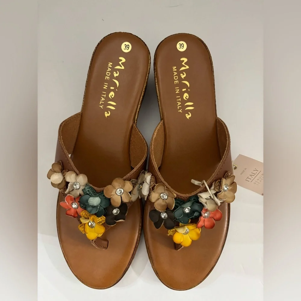 Mariella Women Made in Italy Tan Leather Floral Wedge Sandals Size 39 Summer